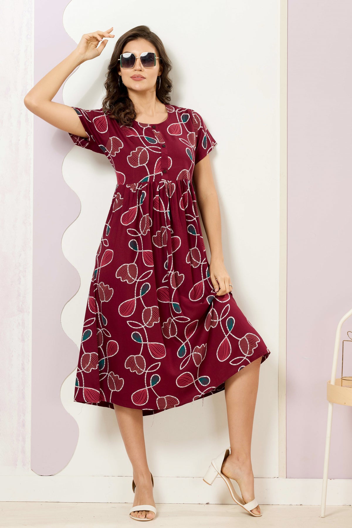 Rayon MAXI FROCK Model Nighties | Round Neck & Side Pocket | Pleated Frock MAXI Style | Trendy Collection's for Stylish Women & Teenage Girl (FRH)