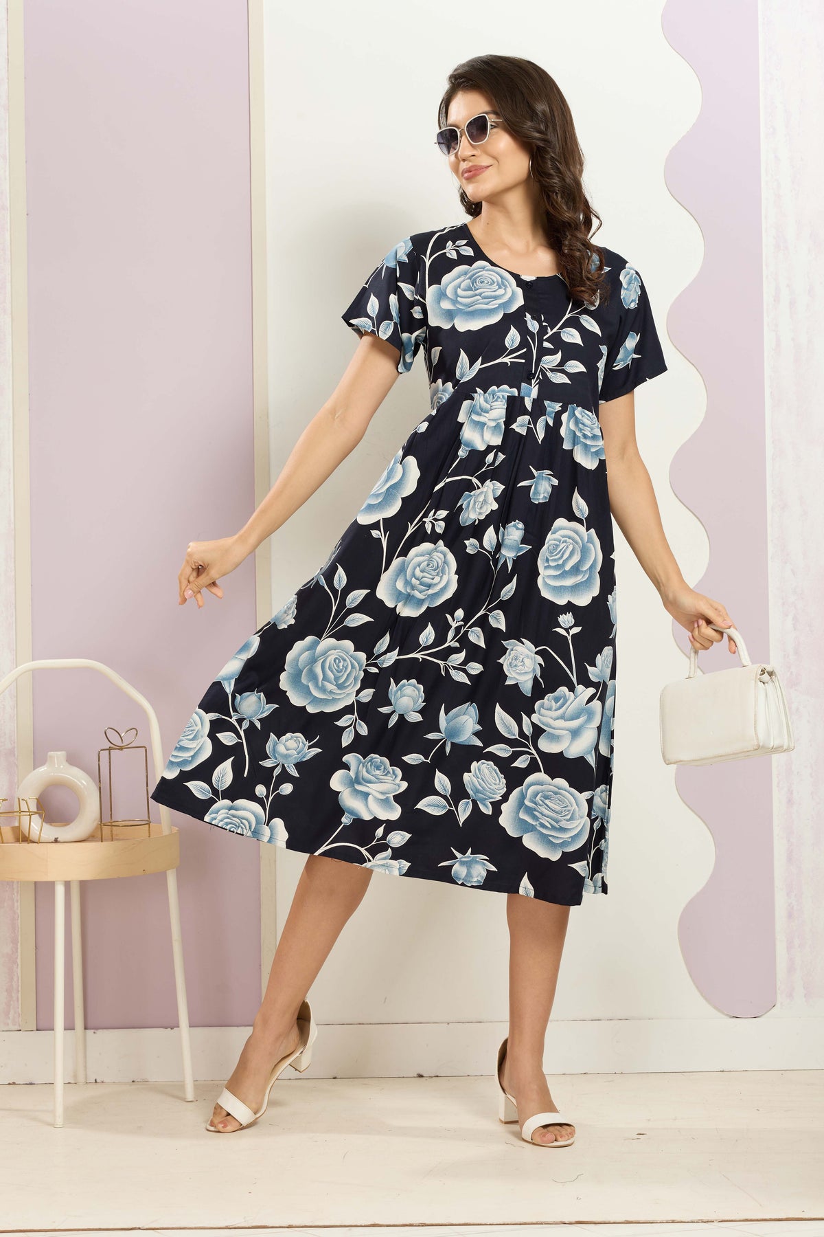 Rayon MAXI FROCK Model Nighties | Round Neck & Side Pocket | Pleated Frock MAXI Style | Trendy Collection's for Stylish Women & Teenage Girl (FRH)