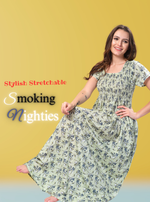 ONLY MINE Premium Smokey Nighty | Stretchable Elastic Type | Beautiful Pleated Model | Side Pocket | Stylish Nighty for Stylish Women's (OM-RAH)