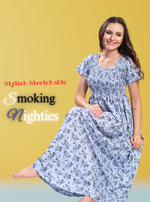 ONLY MINE Premium Smokey Nighty | Stretchable Elastic Type | Beautiful Pleated Model | Side Pocket | Stylish Nighty for Stylish Women's (OM-RAH)