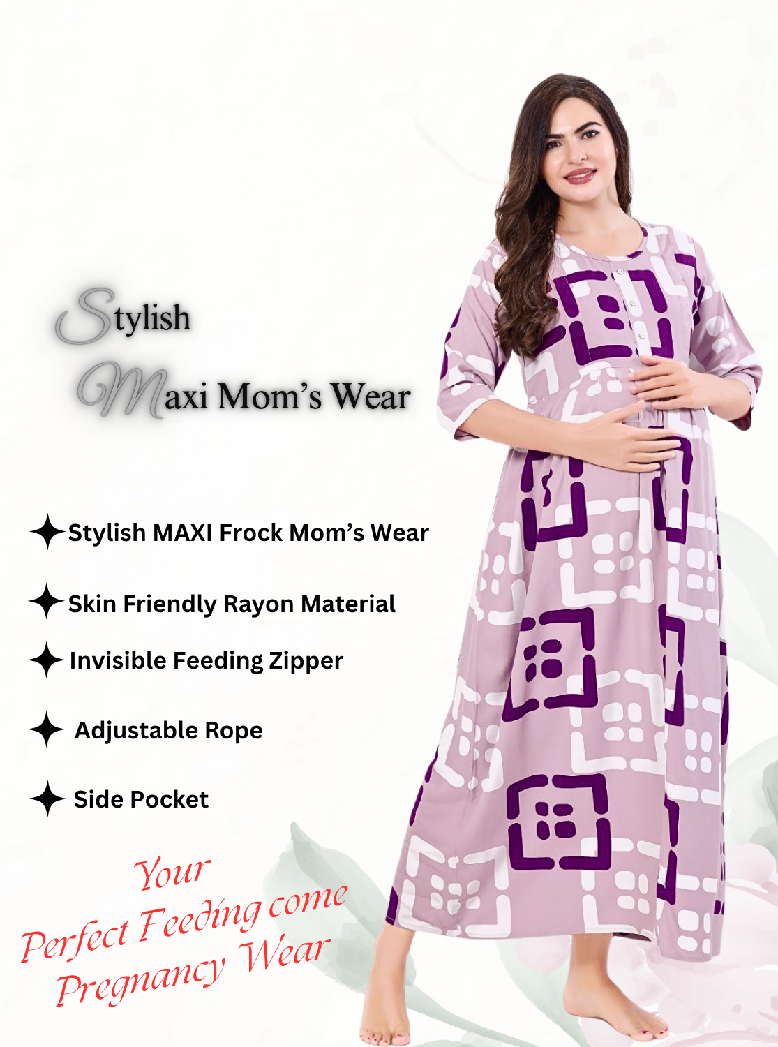 Soft Rayon4-IN-ONE Mom's Feeding & Casual Wear| Pre & Post Maternity Wear | Fancy Long Frock | Best Choice for Pregnancy Women (FIO-F)