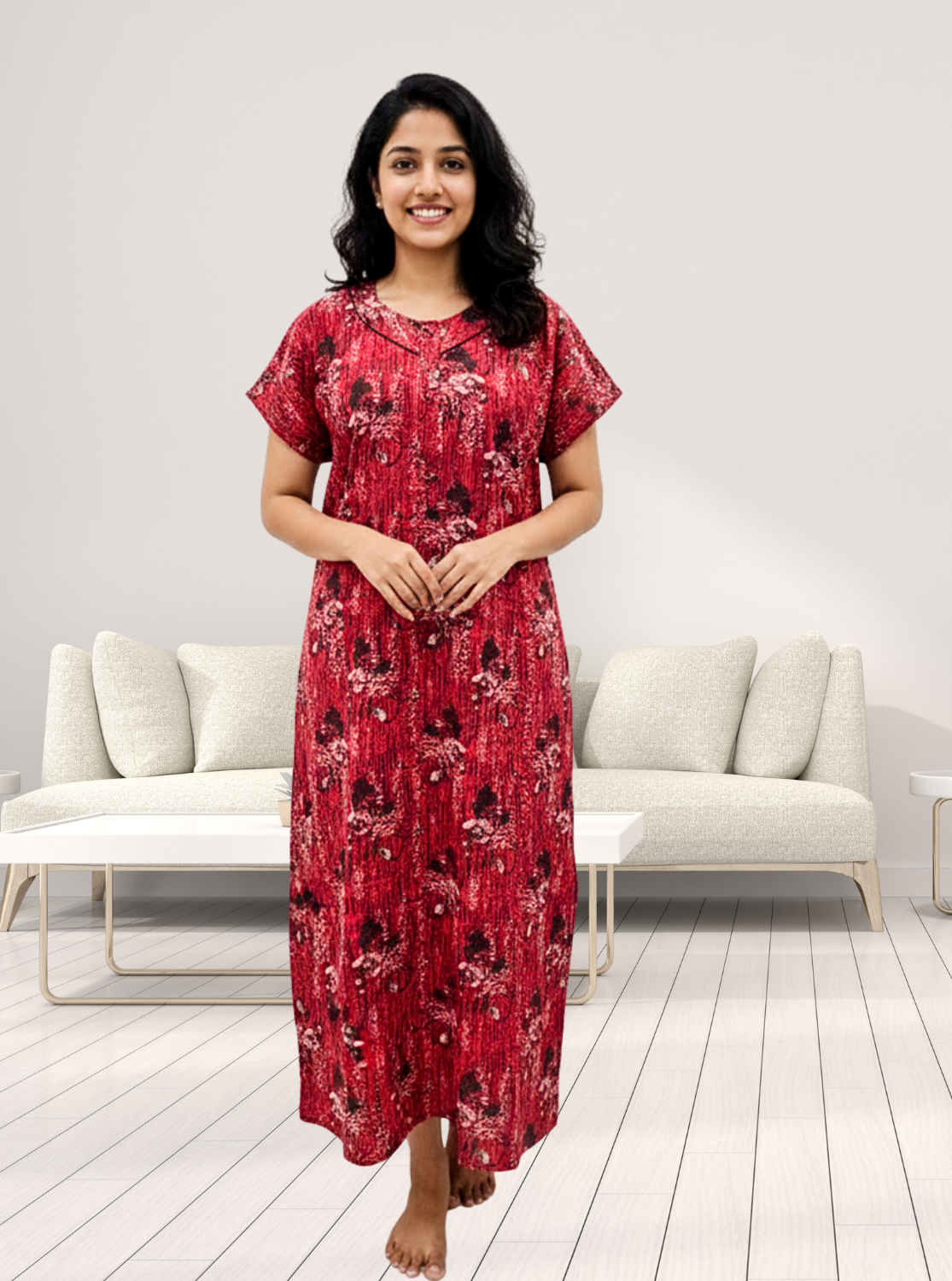 MANGAI Daily Wear Casual Comfort Fit Cotton Printed Nighties | Front Open Zipper Model | Fancy Round Neck with Side Pocket Cotton Nighties (DRN)