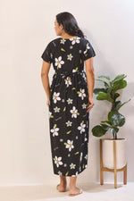 Black Rayon Nursing Maxi Dress – White Daisy Print Pregnancy Wear with Adjustable Back Tie Rope - Maternity Frock with Dual Feeding Zippers (RMF)