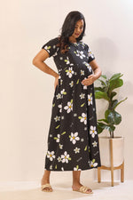 Black Rayon Nursing Maxi Dress – White Daisy Print Pregnancy Wear with Adjustable Back Tie Rope - Maternity Frock with Dual Feeding Zippers (RMF)