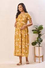 Mustard Yellow Nursing Maxi Dress – White Floral Rayon Pregnancy Wear with Adjustable Back Tie - Rayon Floral Maternity Frock with Dual Feeding Zippers (RMF)