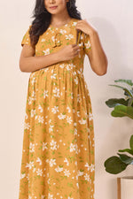 Mustard Yellow Nursing Maxi Dress – White Floral Rayon Pregnancy Wear with Adjustable Back Tie - Rayon Floral Maternity Frock with Dual Feeding Zippers (RMF)