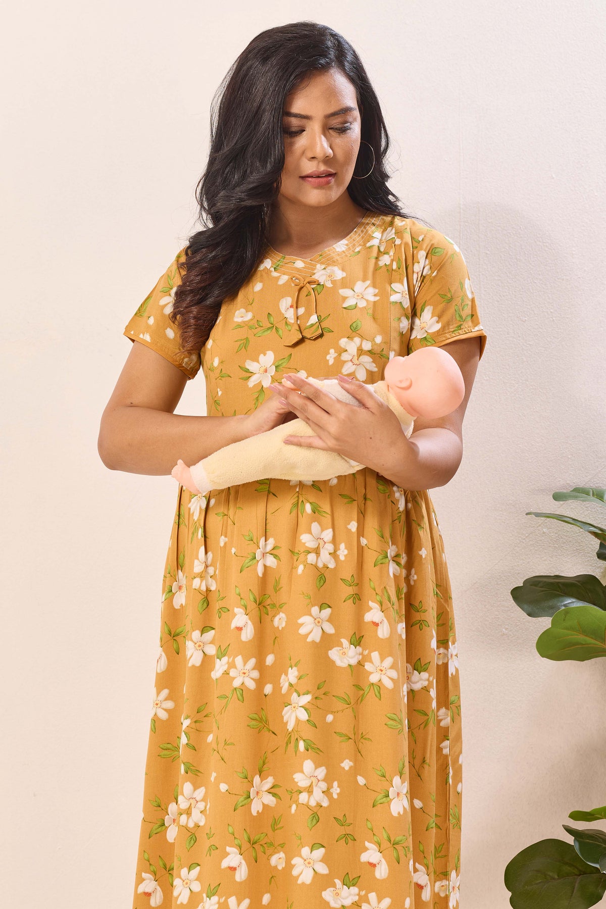 Mustard Yellow Nursing Maxi Dress – White Floral Rayon Pregnancy Wear with Adjustable Back Tie - Rayon Floral Maternity Frock with Dual Feeding Zippers (RMF)