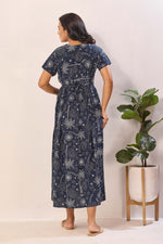 Navy Blue Rayon Nursing Maxi Dress – White Palm Print Pregnancy Wear with Adjustable Back Tie -Rayon Tropical Maternity Frock with Dual Feeding Zippers (RMF)
