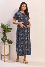 Navy Blue Rayon Nursing Maxi Dress – White Palm Print Pregnancy Wear with Adjustable Back Tie -Rayon Tropical Maternity Frock with Dual Feeding Zippers (RMF)