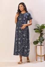 Navy Blue Rayon Nursing Maxi Dress – White Palm Print Pregnancy Wear with Adjustable Back Tie -Rayon Tropical Maternity Frock with Dual Feeding Zippers (RMF)