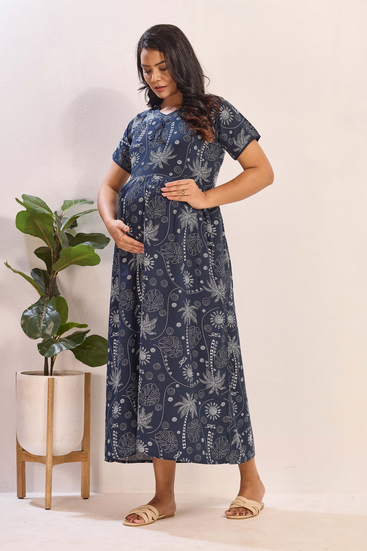 Navy Blue Rayon Nursing Maxi Dress – White Palm Print Pregnancy Wear with Adjustable Back Tie -Rayon Tropical Maternity Frock with Dual Feeding Zippers (RMF)