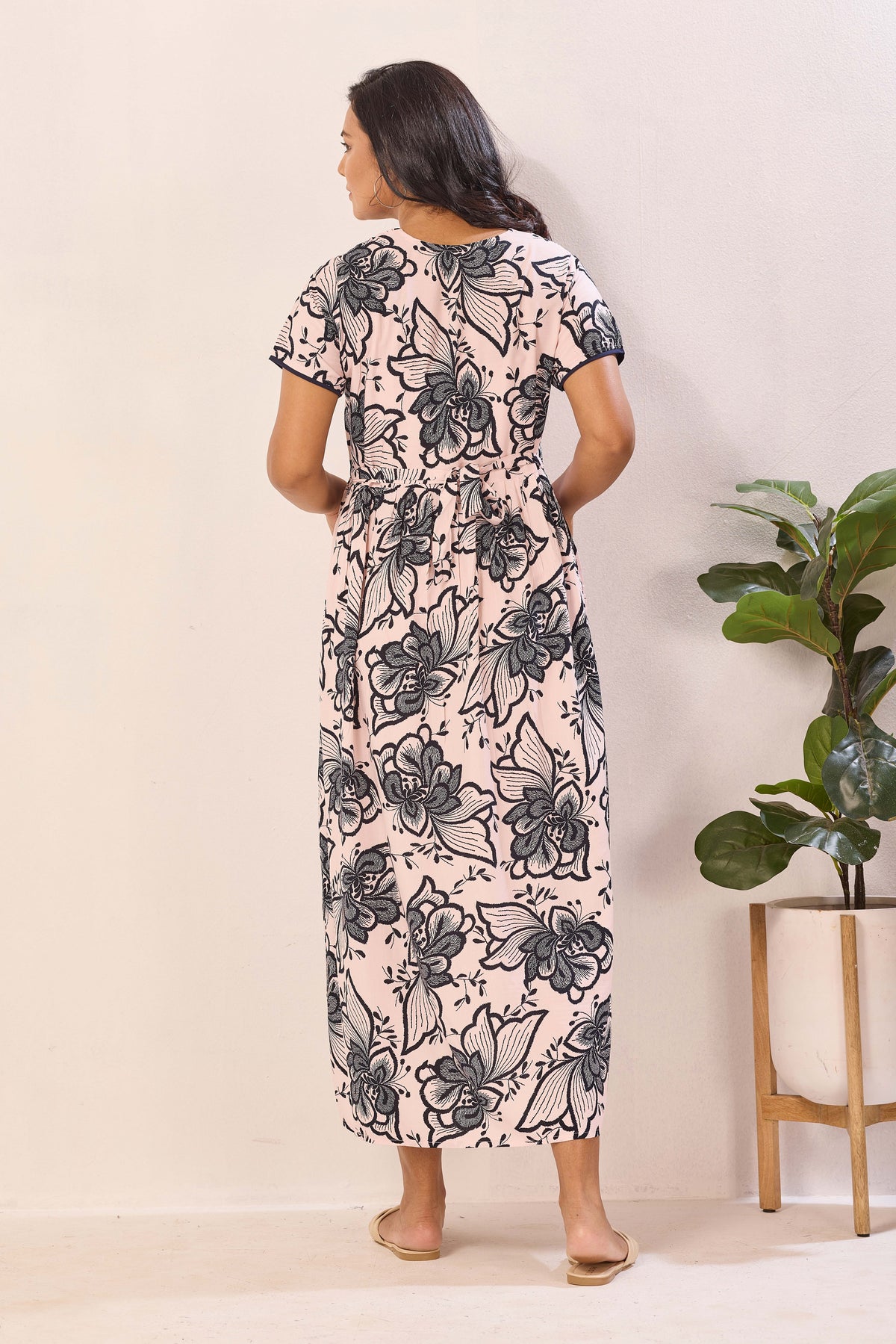 Navy Blue Rayon Nursing Maxi Dress – White Palm Print Pregnancy Wear with Adjustable Back Tie -Rayon Tropical Maternity Frock with Dual Feeding Zippers (RMF)