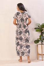 Navy Blue Rayon Nursing Maxi Dress – White Palm Print Pregnancy Wear with Adjustable Back Tie -Rayon Tropical Maternity Frock with Dual Feeding Zippers (RMF)