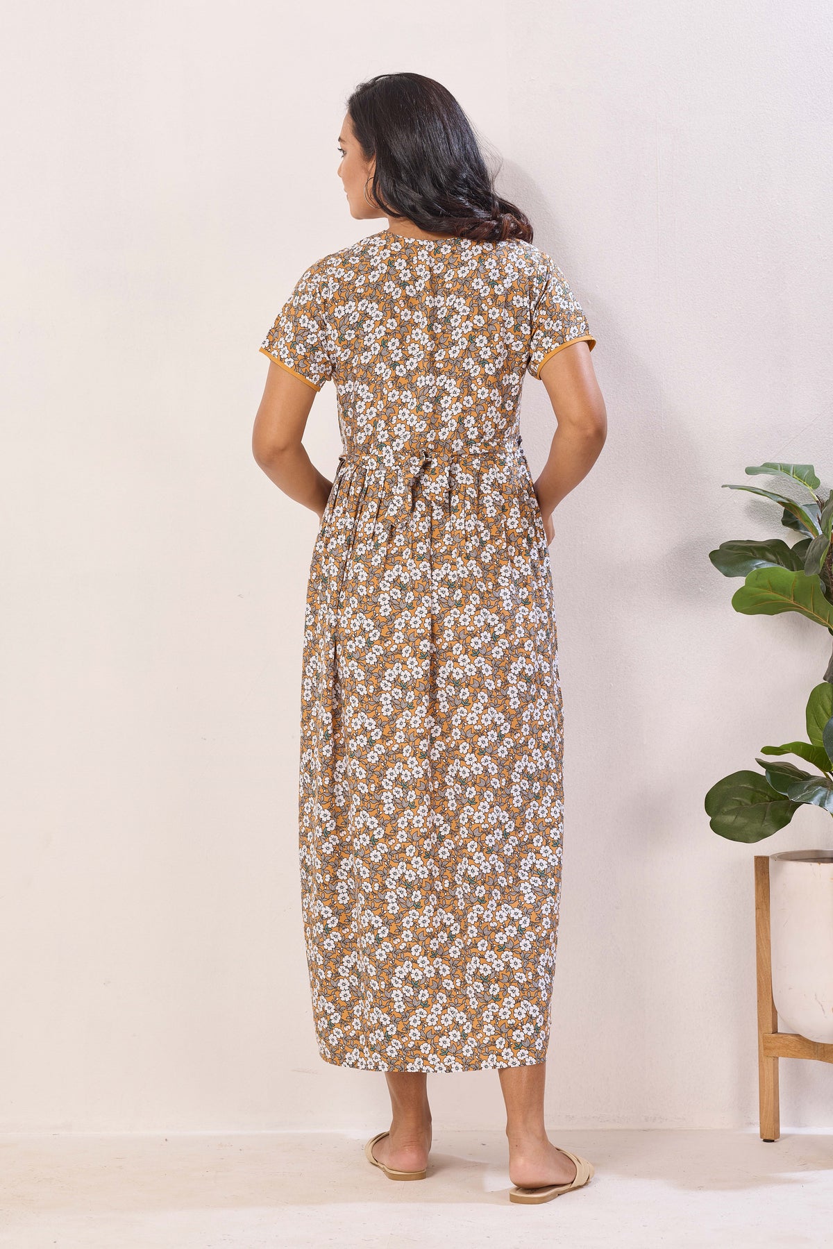Mustard Yellow Nursing Maxi Dress – White Floral Rayon Pregnancy Wear with Adjustable Back Tie - Maternity Frock with Dual Feeding Zippers (RMF)