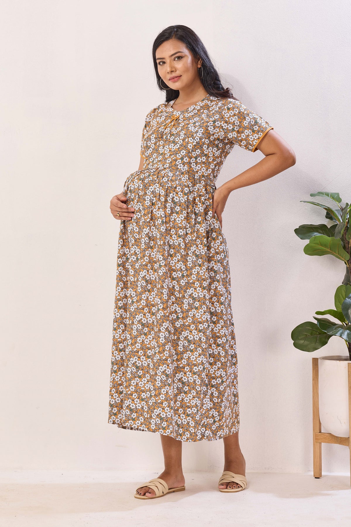 Mustard Yellow Nursing Maxi Dress – White Floral Rayon Pregnancy Wear with Adjustable Back Tie - Maternity Frock with Dual Feeding Zippers (RMF)