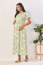 Mint Green & Peach Premium Rayon Maternity Frock with Dual Feeding Zippers - Nursing Maxi Dress – Mint Peach Heart Print Pregnancy Wear with Adjustable Back Tie (RMF)