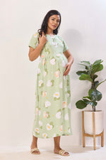 Mint Green & Peach Premium Rayon Maternity Frock with Dual Feeding Zippers - Nursing Maxi Dress – Mint Peach Heart Print Pregnancy Wear with Adjustable Back Tie (RMF)