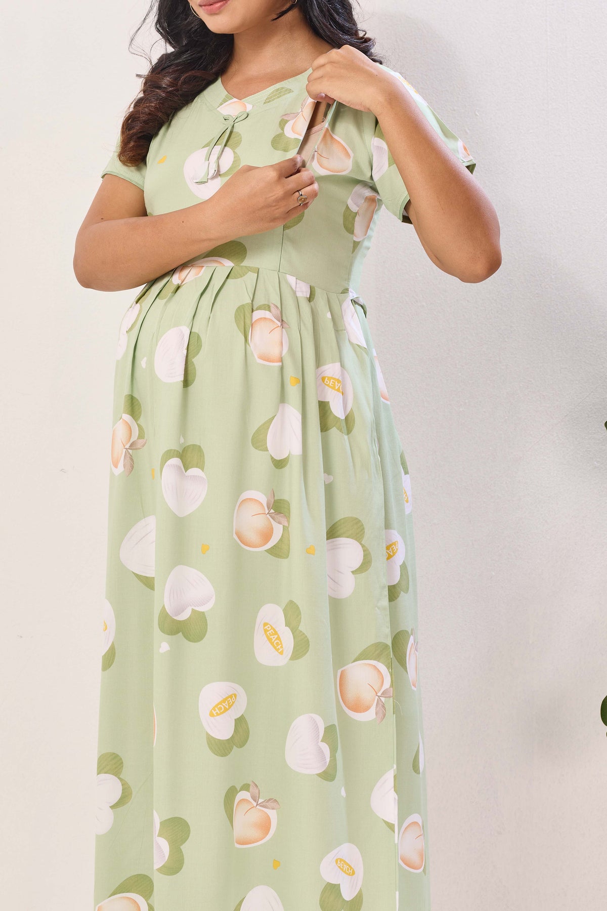 Mint Green & Peach Premium Rayon Maternity Frock with Dual Feeding Zippers - Nursing Maxi Dress – Mint Peach Heart Print Pregnancy Wear with Adjustable Back Tie (RMF)