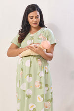 Mint Green & Peach Premium Rayon Maternity Frock with Dual Feeding Zippers - Nursing Maxi Dress – Mint Peach Heart Print Pregnancy Wear with Adjustable Back Tie (RMF)