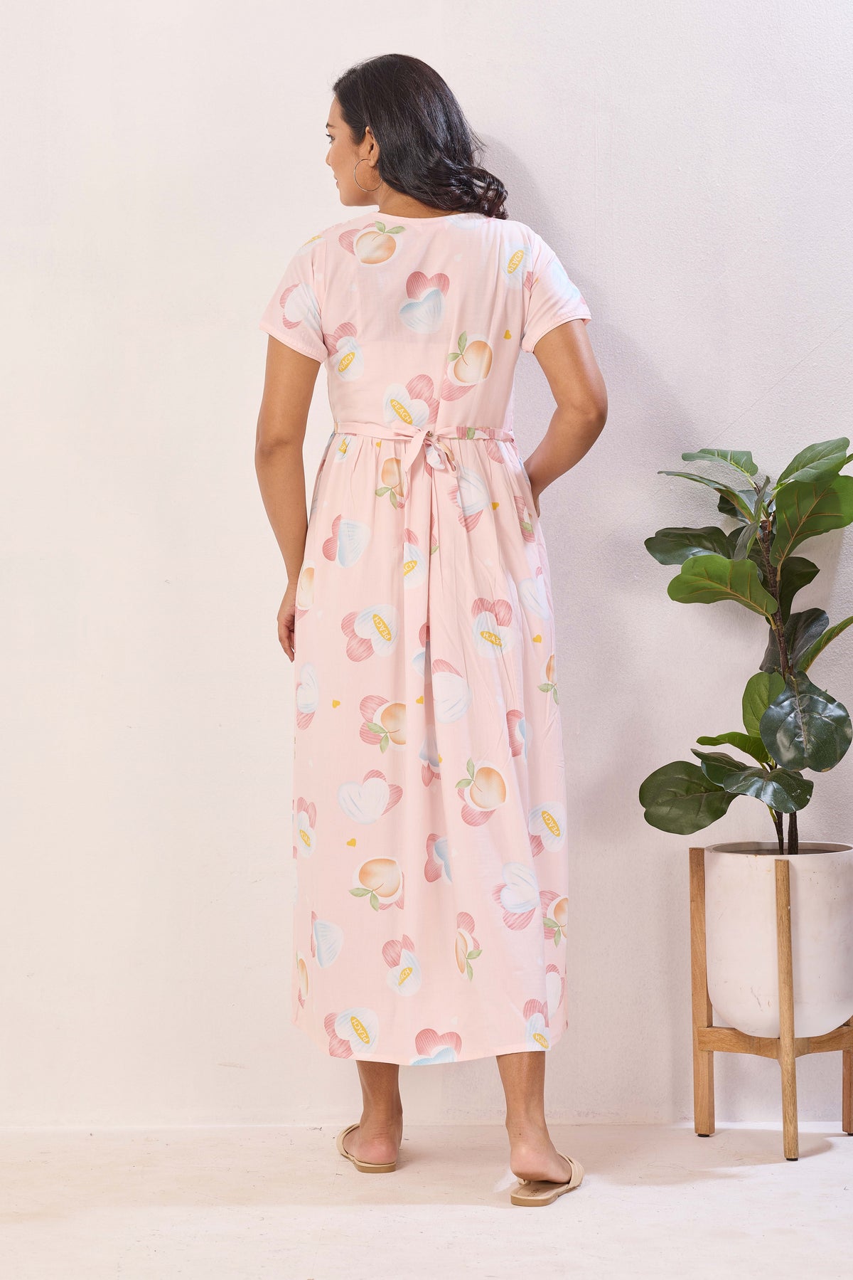 Mint Green & Peach Premium Rayon Maternity Frock with Dual Feeding Zippers - Nursing Maxi Dress – Mint Peach Heart Print Pregnancy Wear with Adjustable Back Tie (RMF)