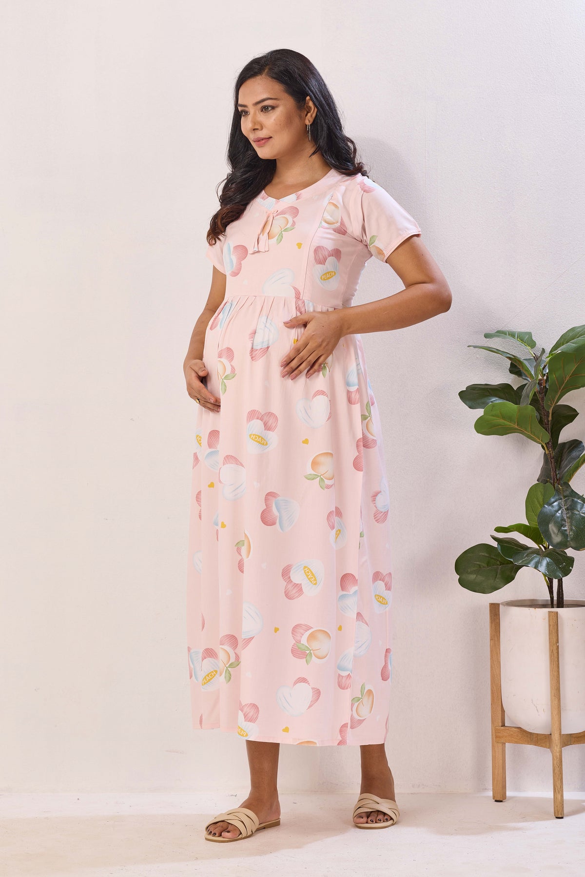Mint Green & Peach Premium Rayon Maternity Frock with Dual Feeding Zippers - Nursing Maxi Dress – Mint Peach Heart Print Pregnancy Wear with Adjustable Back Tie (RMF)