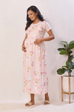 Mint Green & Peach Premium Rayon Maternity Frock with Dual Feeding Zippers - Nursing Maxi Dress – Mint Peach Heart Print Pregnancy Wear with Adjustable Back Tie (RMF)