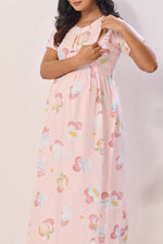 Mint Green & Peach Premium Rayon Maternity Frock with Dual Feeding Zippers - Nursing Maxi Dress – Mint Peach Heart Print Pregnancy Wear with Adjustable Back Tie (RMF)