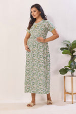 Mustard Yellow Nursing Maxi Dress – White Floral Rayon Pregnancy Wear with Adjustable Back Tie - Maternity Frock with Dual Feeding Zippers (RMF)