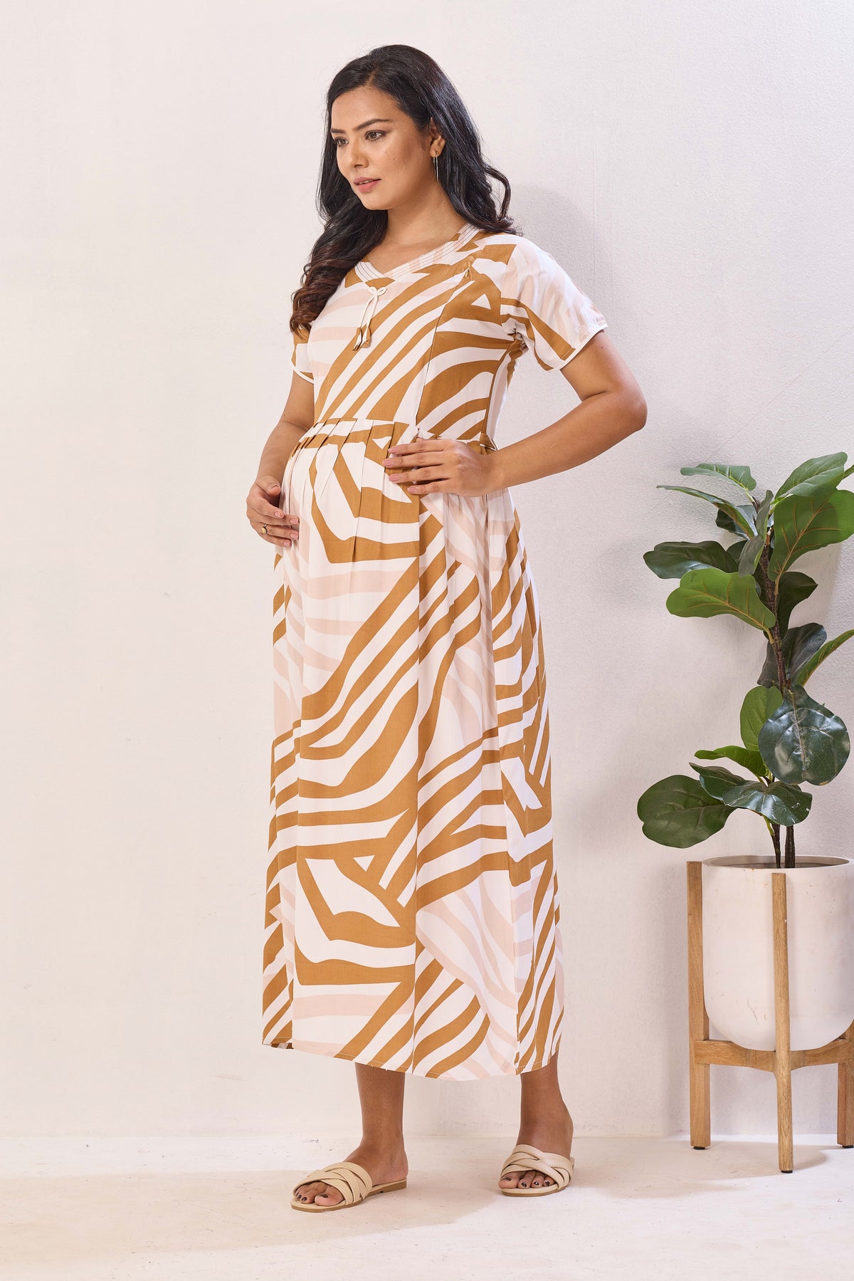 Orange & White Zebra Print Nursing Maxi Dress – Rayon Pregnancy Wear with Adjustable Back Tie - Geometric Maternity Frock with Dual Feeding Zippers (RMF)