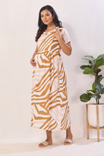 Orange & White Zebra Print Nursing Maxi Dress – Rayon Pregnancy Wear with Adjustable Back Tie - Geometric Maternity Frock with Dual Feeding Zippers (RMF)