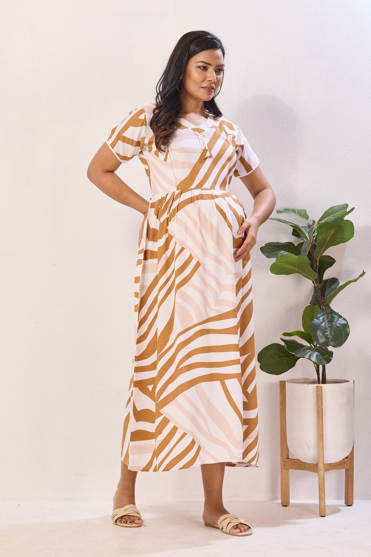 Orange & White Zebra Print Nursing Maxi Dress – Rayon Pregnancy Wear with Adjustable Back Tie - Geometric Maternity Frock with Dual Feeding Zippers (RMF)