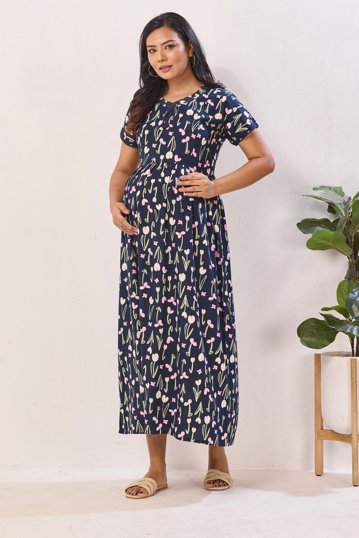 Navy Blue Rayon Nursing Maxi Dress – Pink Botanical Print Pregnancy Wear with Adjustable Back Tie - Premium Rayon Floral Maternity Frock with Dual Feeding Zippers (RMF)