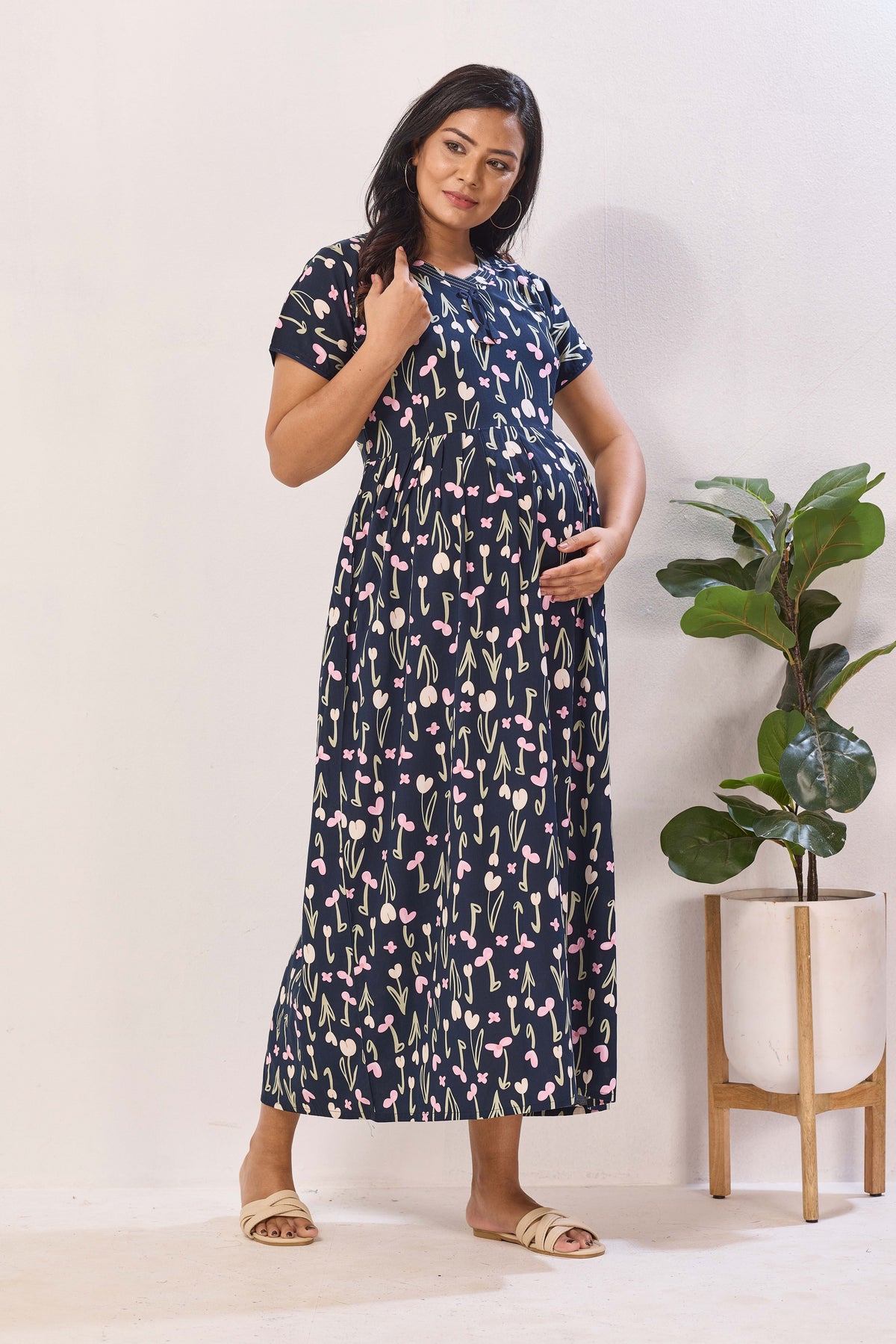 Navy Blue Rayon Nursing Maxi Dress – Pink Botanical Print Pregnancy Wear with Adjustable Back Tie - Premium Rayon Floral Maternity Frock with Dual Feeding Zippers (RMF)