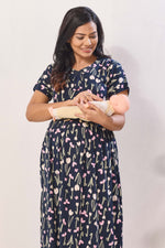 Navy Blue Rayon Nursing Maxi Dress – Pink Botanical Print Pregnancy Wear with Adjustable Back Tie - Premium Rayon Floral Maternity Frock with Dual Feeding Zippers (RMF)