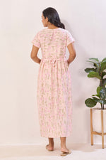 Navy Blue Rayon Nursing Maxi Dress – Pink Botanical Print Pregnancy Wear with Adjustable Back Tie - Premium Rayon Floral Maternity Frock with Dual Feeding Zippers (RMF)