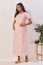 Navy Blue Rayon Nursing Maxi Dress – Pink Botanical Print Pregnancy Wear with Adjustable Back Tie - Premium Rayon Floral Maternity Frock with Dual Feeding Zippers (RMF)