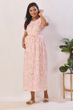Navy Blue Rayon Nursing Maxi Dress – Pink Botanical Print Pregnancy Wear with Adjustable Back Tie - Premium Rayon Floral Maternity Frock with Dual Feeding Zippers (RMF)