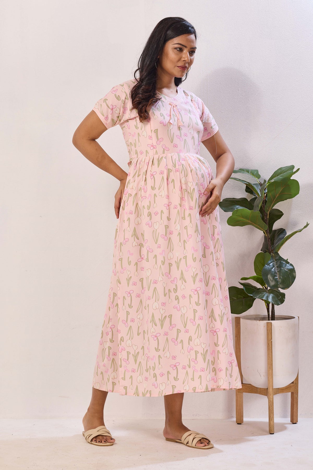 Navy Blue Rayon Nursing Maxi Dress – Pink Botanical Print Pregnancy Wear with Adjustable Back Tie - Premium Rayon Floral Maternity Frock with Dual Feeding Zippers (RMF)