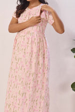Navy Blue Rayon Nursing Maxi Dress – Pink Botanical Print Pregnancy Wear with Adjustable Back Tie - Premium Rayon Floral Maternity Frock with Dual Feeding Zippers (RMF)