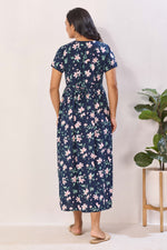 Mustard Yellow Nursing Maxi Dress – White Floral Rayon Pregnancy Wear with Adjustable Back Tie - Rayon Floral Maternity Frock with Dual Feeding Zippers (RMF)