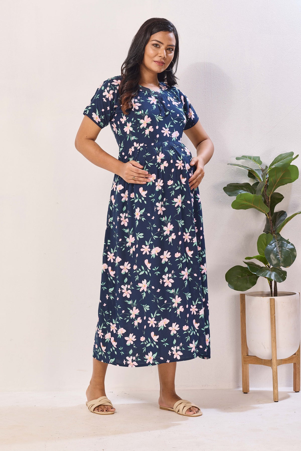 Mustard Yellow Nursing Maxi Dress – White Floral Rayon Pregnancy Wear with Adjustable Back Tie - Rayon Floral Maternity Frock with Dual Feeding Zippers (RMF)