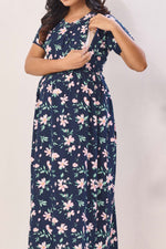 Mustard Yellow Nursing Maxi Dress – White Floral Rayon Pregnancy Wear with Adjustable Back Tie - Rayon Floral Maternity Frock with Dual Feeding Zippers (RMF)