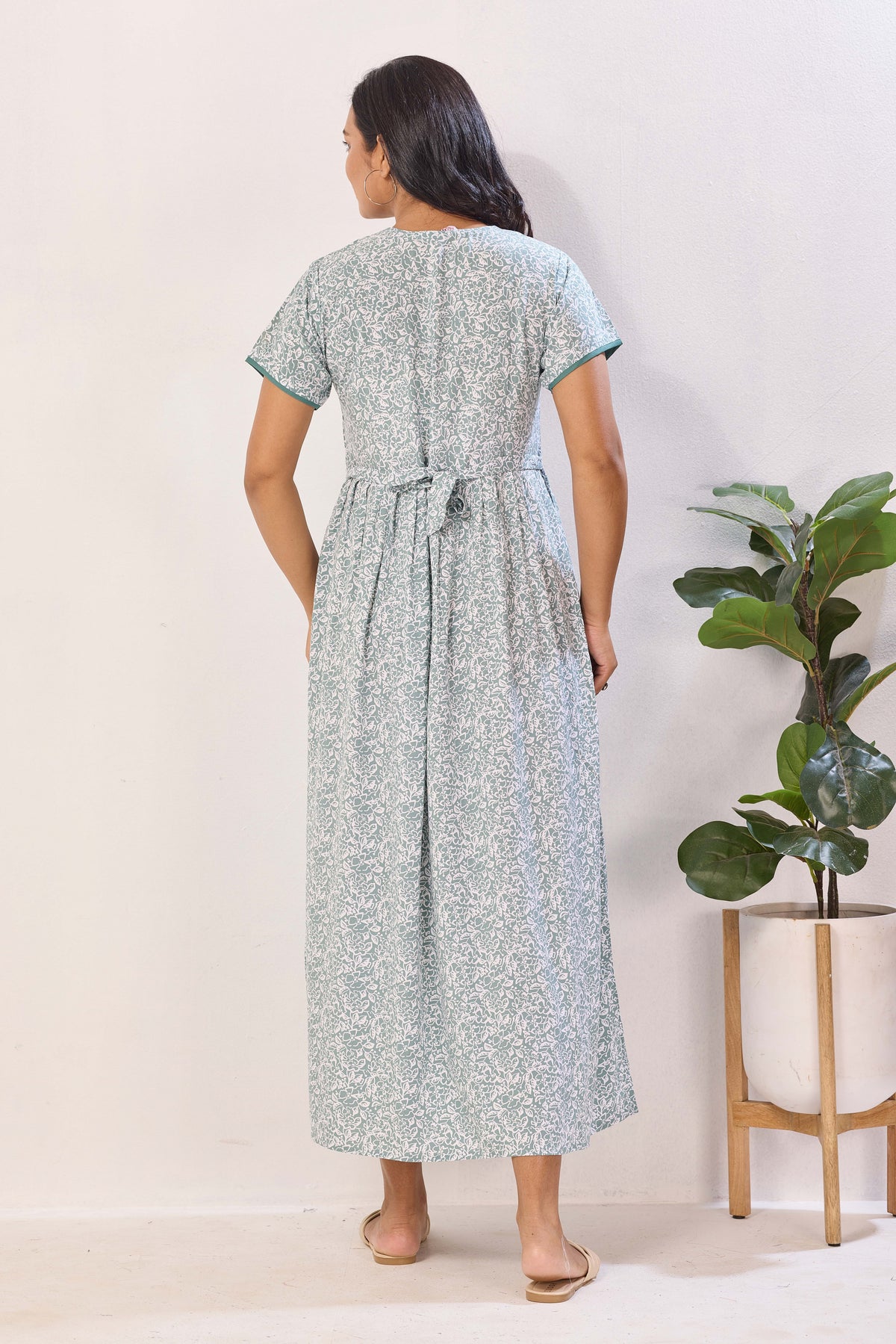 Azure Blue Floral Premium Rayon Maternity Frock with Dual Feeding Zippers - Soft Rayon Nursing Maxi Dress – Blue & White Botanical Print Pregnancy Wear with Adjustable Back Tie (RMF)