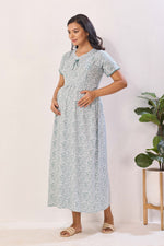 Azure Blue Floral Premium Rayon Maternity Frock with Dual Feeding Zippers - Soft Rayon Nursing Maxi Dress – Blue & White Botanical Print Pregnancy Wear with Adjustable Back Tie (RMF)