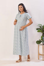 Azure Blue Floral Premium Rayon Maternity Frock with Dual Feeding Zippers - Soft Rayon Nursing Maxi Dress – Blue & White Botanical Print Pregnancy Wear with Adjustable Back Tie (RMF)