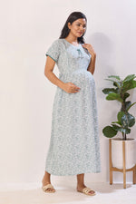Azure Blue Floral Premium Rayon Maternity Frock with Dual Feeding Zippers - Soft Rayon Nursing Maxi Dress – Blue & White Botanical Print Pregnancy Wear with Adjustable Back Tie (RMF)