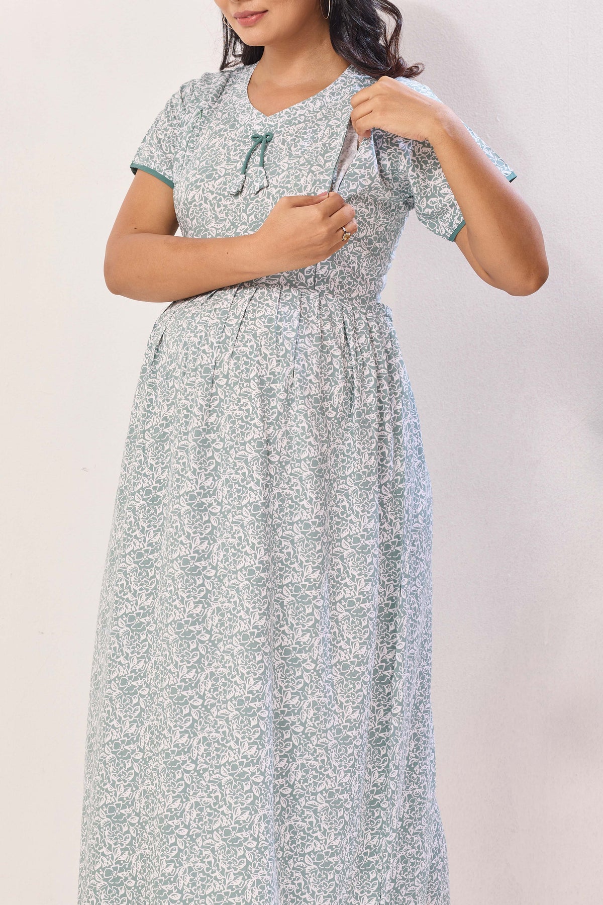 Azure Blue Floral Premium Rayon Maternity Frock with Dual Feeding Zippers - Soft Rayon Nursing Maxi Dress – Blue & White Botanical Print Pregnancy Wear with Adjustable Back Tie (RMF)