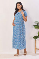 Azure Blue Floral Premium Rayon Maternity Frock with Dual Feeding Zippers - Soft Rayon Nursing Maxi Dress – Blue & White Botanical Print Pregnancy Wear with Adjustable Back Tie (RMF)