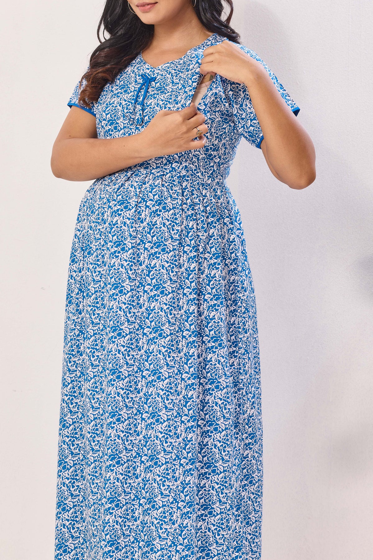 Azure Blue Floral Premium Rayon Maternity Frock with Dual Feeding Zippers - Soft Rayon Nursing Maxi Dress – Blue & White Botanical Print Pregnancy Wear with Adjustable Back Tie (RMF)