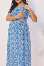 Azure Blue Floral Premium Rayon Maternity Frock with Dual Feeding Zippers - Soft Rayon Nursing Maxi Dress – Blue & White Botanical Print Pregnancy Wear with Adjustable Back Tie (RMF)